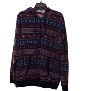 -- ADT Blue and Red Zip Up Sweater with Festive Pattern